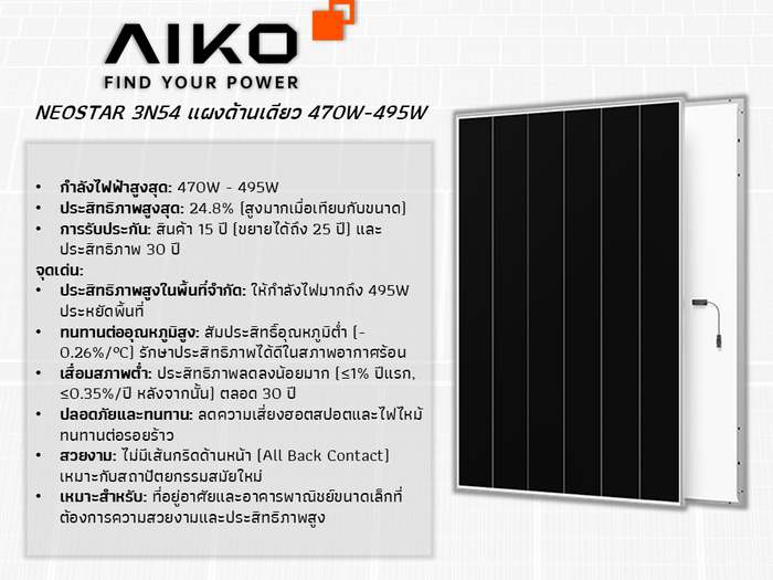 แผงโซลาร์เซลล์ AIKO NEOSTAR 3N54 แบบด้านเดียว 470W ถึง 495W