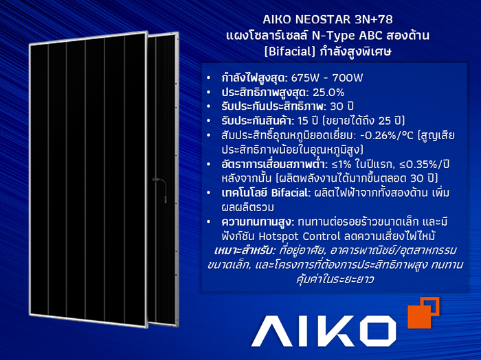 แผงโซลาร์เซลล์ AIKO NEOSTAR 3N+78 แบบ Bifacial 675W ถึง 700W