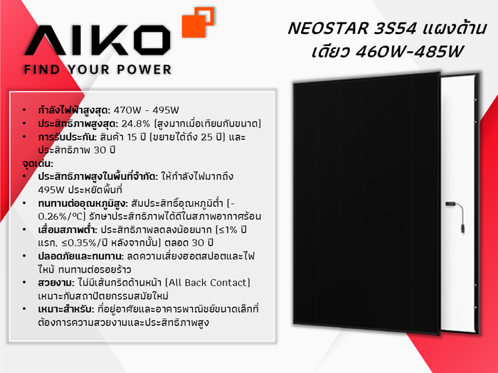 แผงโซลาร์เซลล์ AIKO NEOSTAR 3S54 แบบด้านเดียว 460W ถึง 485W