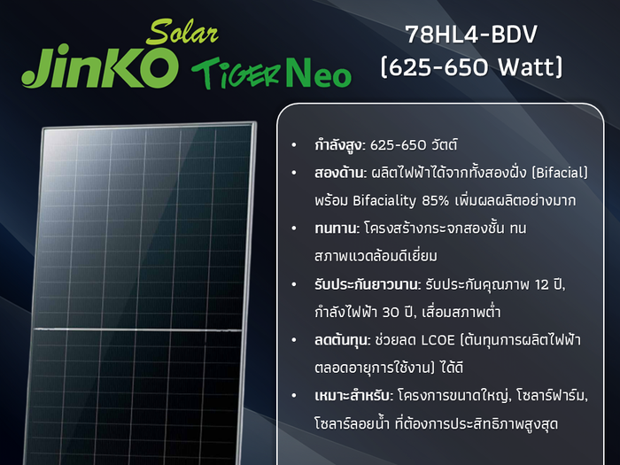โมดูล JinkoSolar Tiger Neo 78HL4-BDV Bifacial Dual Glass