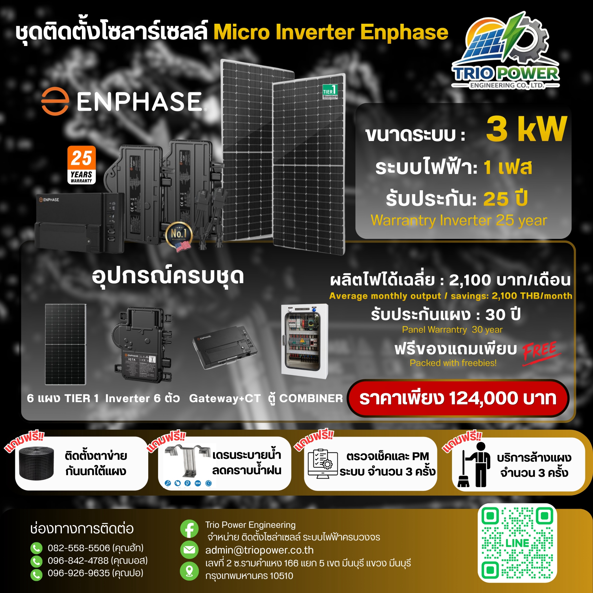 โบรชัวร์ Enphase 3 kW จำนวน 6 แผง ระบบไฟ 1 เฟส ราคา 124,000 บาท